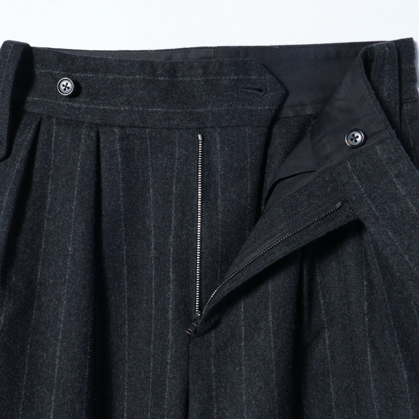 WIDE CHALK STRIPE FLANNEL TROUSERS